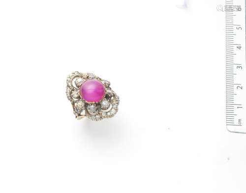A pink star sapphire and diamond ring, 1900