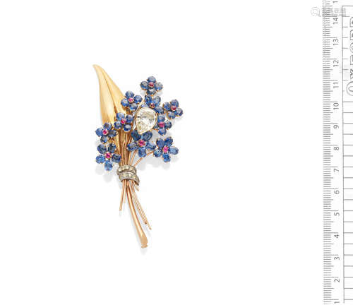 A sapphire, ruby and diamond spray brooch, by Van Cleef & Arpels, circa 1945