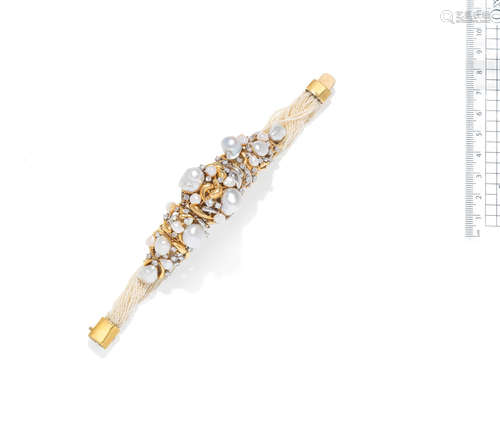 A cultured pearl, seed pearl, diamond and gold bracelet/watch, by Charles de Temple, 1987