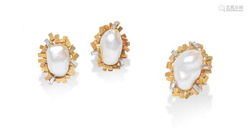 A pair of gold, cultured pearl and diamond earclips,  by Andrew Grima, 1974