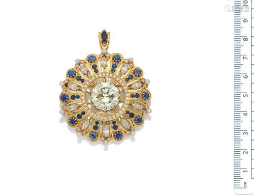 A diamond, sapphire and seed pearl brooch/pendant