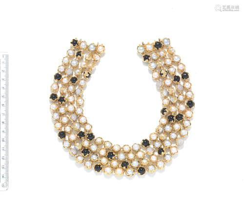 A cultured pearl, onyx and diamond necklace, by Charles de Temple, circa 1980