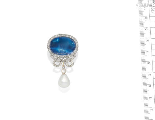 A Belle Époque sapphire, natural pearl and diamond brooch, circa 1900