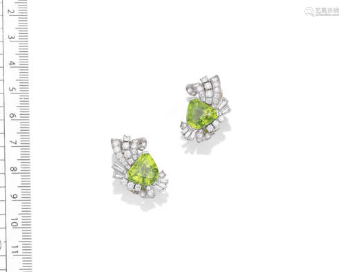 A pair of peridot and diamond earclips, by Raymond Yard, circa 1950