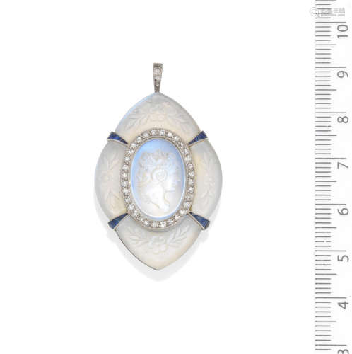 A moonstone cameo, sapphire and diamond pendant, by Cartier, circa 1912