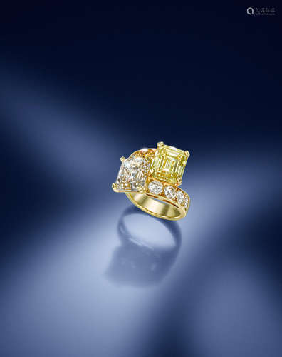 A fancy-coloured diamond and diamond 'Toi et moi' ring, by Cartier