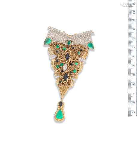 An onyx, emerald and diamond brooch/pendant,  by Charles de Temple, circa 1985