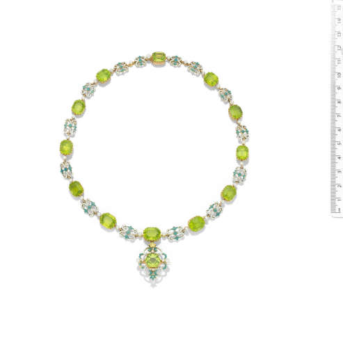 An enamel and peridot necklace and brooch/pendant, English, 1890-1900