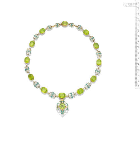 An enamel and peridot necklace and brooch/pendant, English, 1890-1900