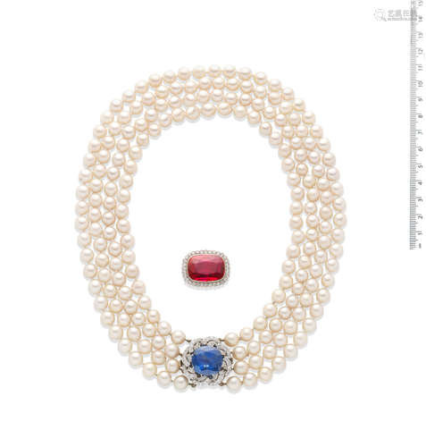 A four-row cultured pearl necklace with a sapphire and diamond clasp