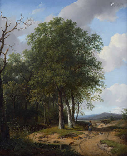 Hunters in a wooded landscape 30 x 24 3/4in (76 x 63cm) Andreas Schelfhout(Dutch, 1787-1870)