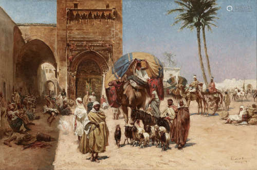A caravan outside of a mosque 15 1/2 x 23 1/2in (39.4 x 59.8cm) Ferencz Franz Eisenhut(Hungarian, 1857-1903)
