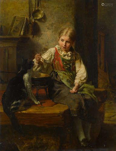 Feeding the cat 18 3/4 x 14 5/8in (47.8 X 37.3cm) Felix Schlesinger(German, 1833-1910)