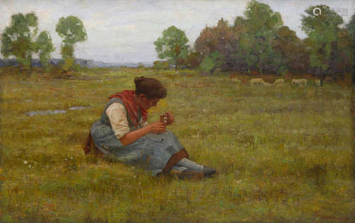 A shepherdess in a tranquil meadow 35 1/2 x 54in (90 x 137cm) Richard Falkenberg(German, 1875-1948)