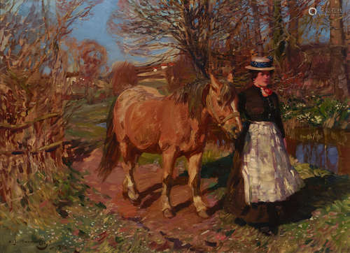 Springtime - Polly Scotchmer of the Red Lion Inn, Mendham 16 1/2 x 22 1/2in (42 x 57.2cm) Sir Alfred James Munnings, P.R.A., R.W.S.(British, 1878-1959)