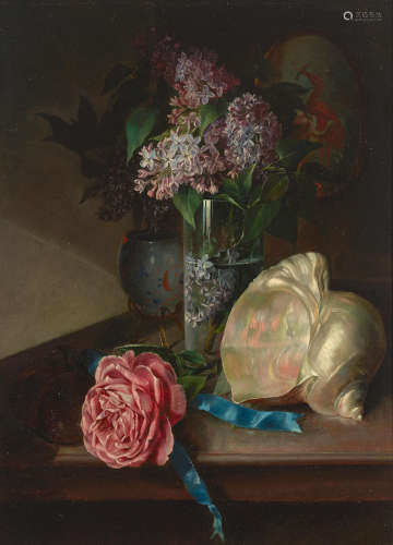 A still life with a vase of lilacs, a rose and a conch shell on a table; An amphora shaped vase, a basket of peonies, an abalone shell and pansies on a draped table (a pair) each 18 x 13 1/4in (45.9 x 33.7cm) José María Bracho Murillo(Spanish, 1827-1882)