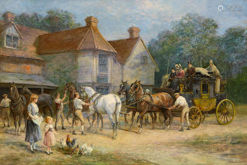 Changing horses 20 x 30in (50.8 x 76.2cm) Heywood Hardy(British, 1843-1933)