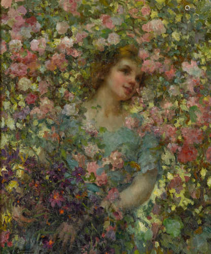 A girl amongst a bounty of garden flowers 29 1/2 x 25in (74.9 x 63.5cm) Luis Graner y Arrufi(Spanish, 1863-1929)
