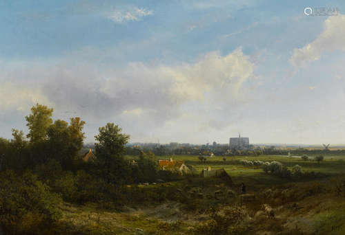 A view of Haarlem with the Saint Bavo cathedral in the distance 18 1/4 x 26 1/2in (46.8 x 68cm) Pieter Lodewijk Francisco Kluyver(Dutch, 1816-1900)