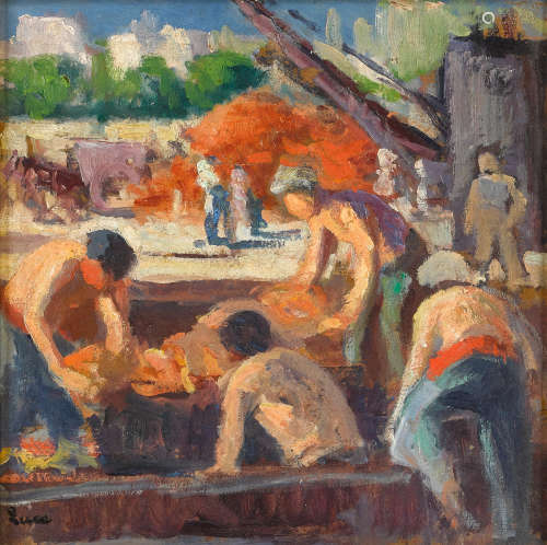 Ouvriers chargeant une péniche 10 5/8 x 11in (27 x 28cm) Maximilien Luce(French, 1858-1941)