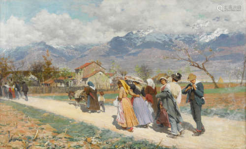 Passeggiata domenicale 31 x 50 1/2in (78.8 x 128.3cm) Luigi Cima(Italian, 1860-1938)