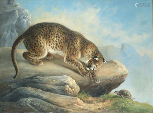 The curious encounter (A leopard and a tortoise) 54 x 73in (137.1 x 185.4cm) August Schleich(German, 1814-1865)