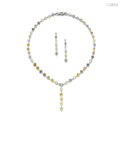 A colored diamond and diamond necklace and earring set