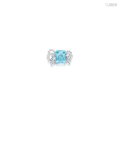 An aquamarine and diamond clip