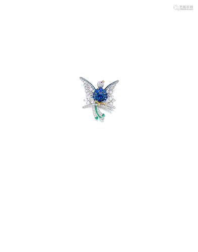 A sapphire, diamond, emerald and ruby brooch, Raymond Yard, circa 1955