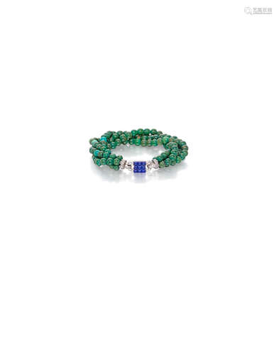 A turquoise, green stone, lapis lazuli and diamond bracelet, Cartier, circa 1925