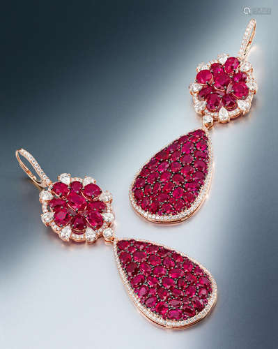 A pair of ruby and diamond pendant earrings, Michele Della Valle