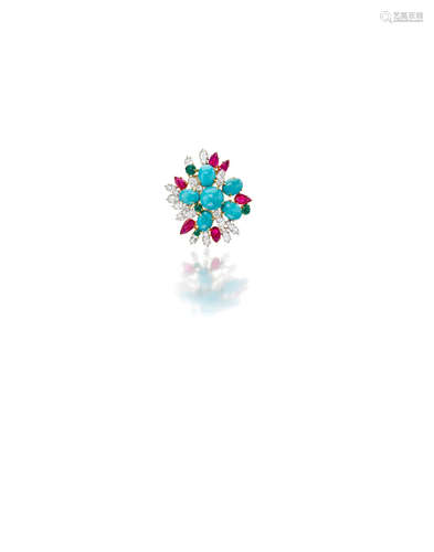 A turquoise, ruby, emerald, and diamond brooch, Harry Winston