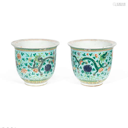 Late 19th century or early 20th century A pair of turquoise-ground enamelled 'dragon' jardinières