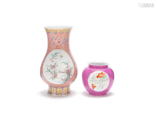 Qianlong seal mark, Republic Period and Hongxian four-character mark, Republic Period A famille rose pear-shaped vase and a small pink-ground sgraffiato enamelled jar