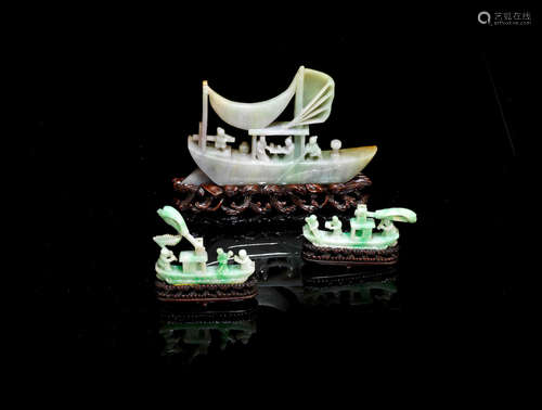 Late Qing Dynasty A group of three jadeite carvings of sailing boats