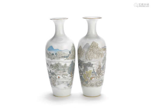 19th century  A rare pair of incised and enamelled 'landscape' baluster vases