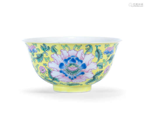 Daoguang seal mark and of the period A yellow-ground famille rose 'floral' bowl