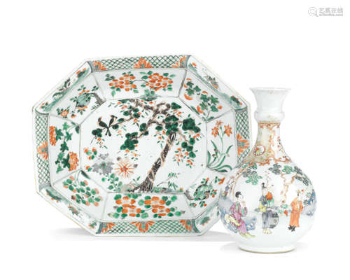 Kangxi to mid-18th century A famille verte octagonal dish and a famille rose bottle vase