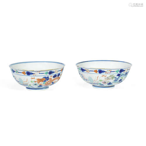 Tongzhi six-character marks and of the period A pair of wucai 'dragon and phoenix' bowls