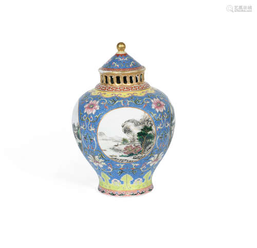 Qianlong seal mark, Republic Period  A famille rose sgraffiato-ground 'Four Seasons' baluster vase and cover