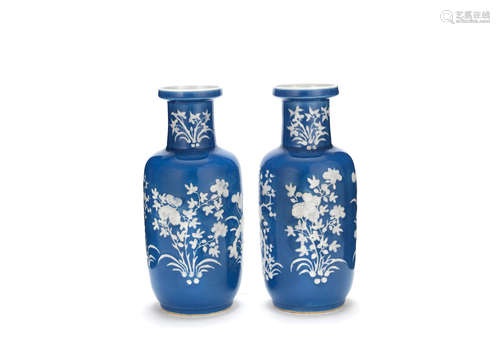 19th century A pair of slip-decorated blue-glazed rouleau vases