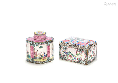 18th/19th century A painted enamel box and cover and a painted enamel caddy and cover