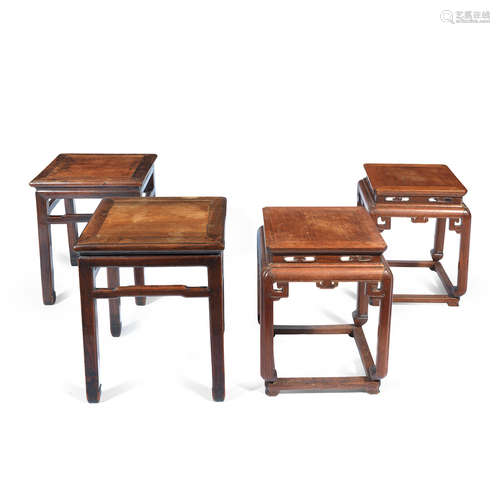 19th century A pair of rosewood square pot stands and a pair of hardwood stools