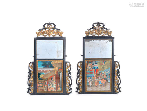 19th century A pair of reverse glass mirror paintings in gilt-wood frames