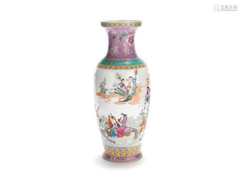 Qianlong four-character mark, mid-20th century  A famille rose 'Immortals' baluster vase