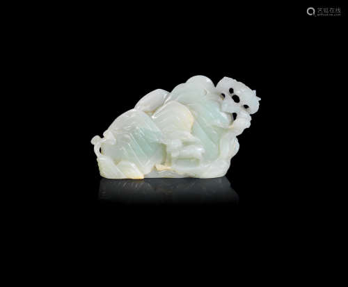 19th century A pale green jade 'deer and ram' boulder carving