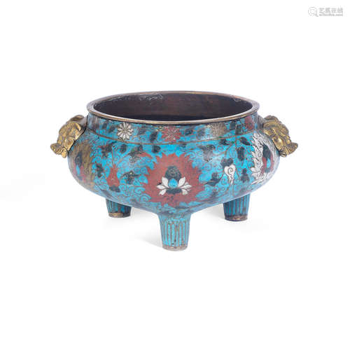 16th century, the handles later A cloisonné enamel tripod incense burner