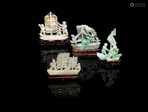 Late Qing Dynasty A group of jade and jadeite carving of boats