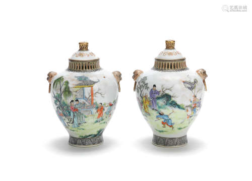 Tong Yun Shan Fang seal mark A mirrored pair of small famille rose jars and covers