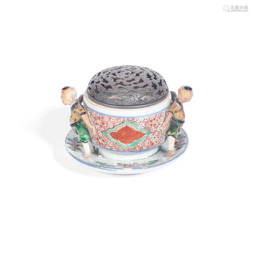 The porcelain 17th century, the cover Meiji Period A rare wucai 'boys' incense burner and Japanese silver cover